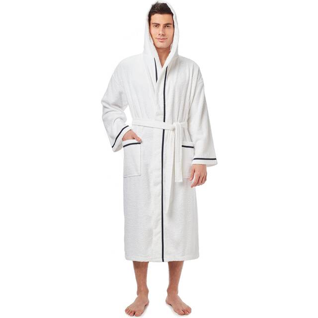 Arus Men's Hooded Classic Bathrobe Turkish Cotton Robe with Full Length Options  White w Navy XX-Large
