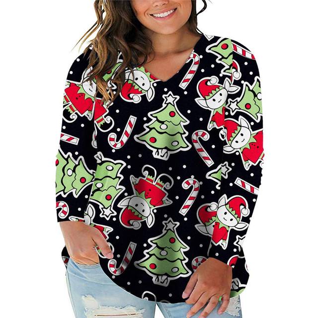 VISLILY Women's Plus Size Tunics Funny Christmas Shirts Casual Tee Tops Blouses 22W 06F