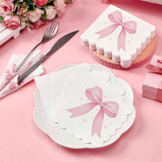 SHEIN Pink Bow Napkins Theme Birthday Party Decorations Shower Cute Bow Tableware Supplies Tea Wedding Party Decor Mother&#39;s Day Graduation