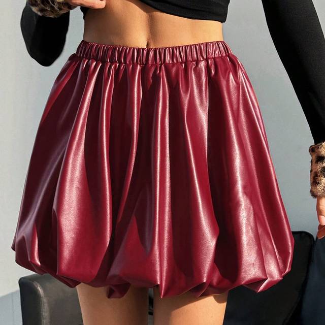 SHEIN Burgundy Leather Bud Skirt Elastic Waist Women&#39;s Autumn And Winter Fashion Elastic Waist Pleated PU Leather A-Line Skirt