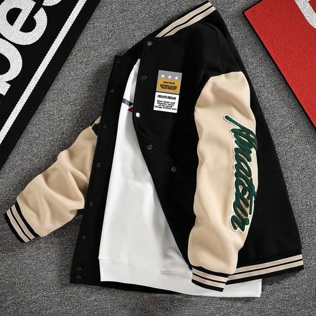 Manfinity Plus Size Men&#39;s Autumn Letterman Varsity Bomber Jacket, Baseball Style