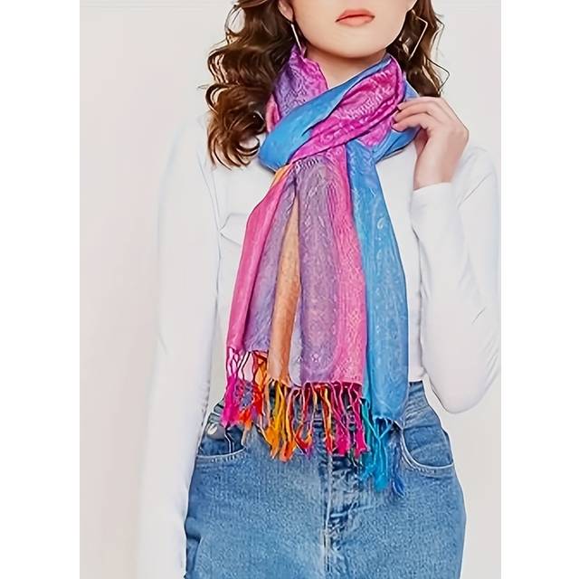 TEMU Chic Jacquard Paisley Scarf Bohemian Rainbow Gradient Tassel Shawl Fashionable For Women's Carnival