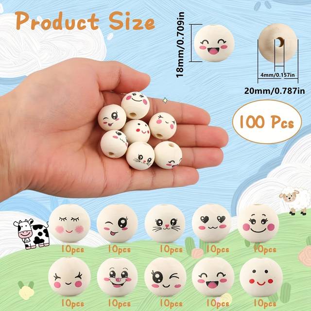 TEMU 100pcs Wood Beads With Cute Faces, 20mm Smile Face Wooden Ball Beads With Holes For Diy Crafts, Crochet Projects & Keychain Making