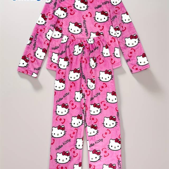 TEMU For Hello Kitty Thickened Flannel Warm Pajama Set For Teens - Cute Cartoon Design, Long Sleeve Crew Neck, , Polyester, Casual Sleepwear, For Hello Kitty Themed Items