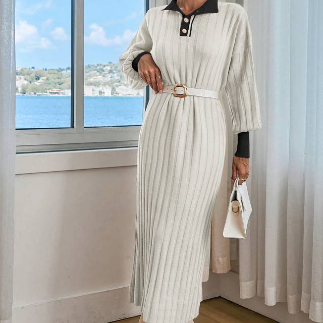 SHEIN Women Solid Color Front Button Detailed Drop Shoulder Maxi Sweater Dress