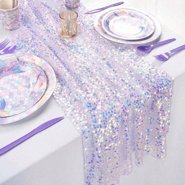SHEIN 1pc Light Purple Mermaid Sequin Table Runner, Polyester Rectangular Sparkling Tablecloth Table Runner, Birthday Wedding Party Decoration, Babe Shower