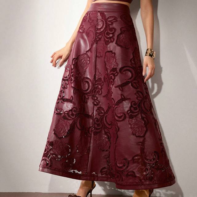 Anewsta Women&#39;s PU Embroidered Elegant High Waist A-Line Midi Skirt Burgundy Maxi Women Outfit