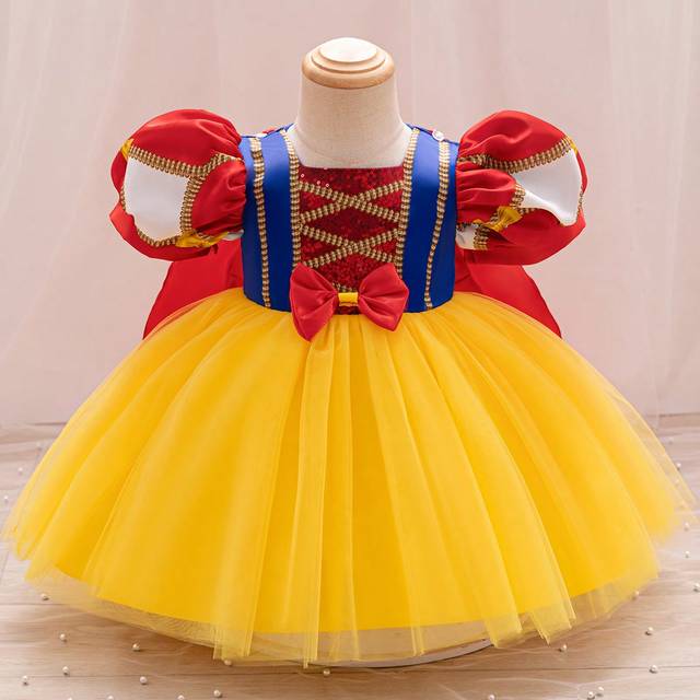 SHEIN Baby Girl Satin Puff Sleeve Tutu Dress, Party/Birthday/Wedding Flower Girl Dress In Navy Blue, Yellow & Gold