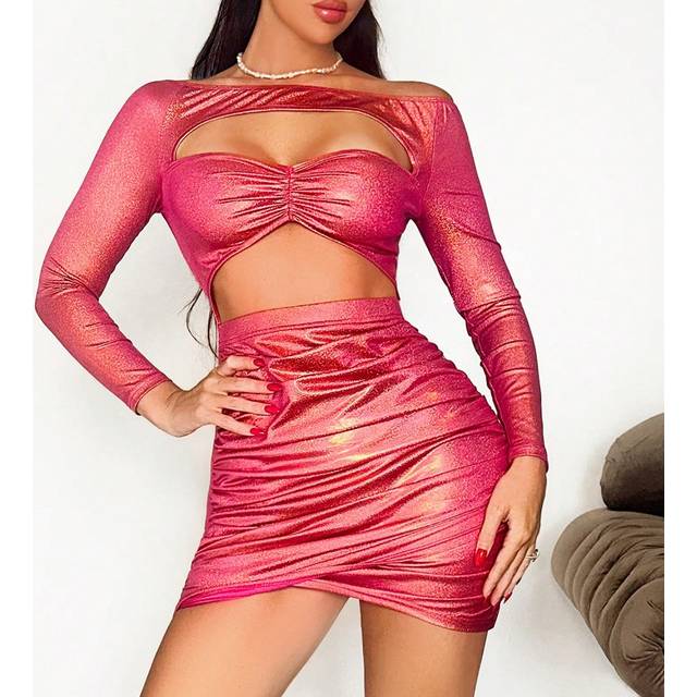 VaVaBold Women&#39;s Foil Fabric Off Shoulder Front Hollow Out Avant-Garde Sexy Dress