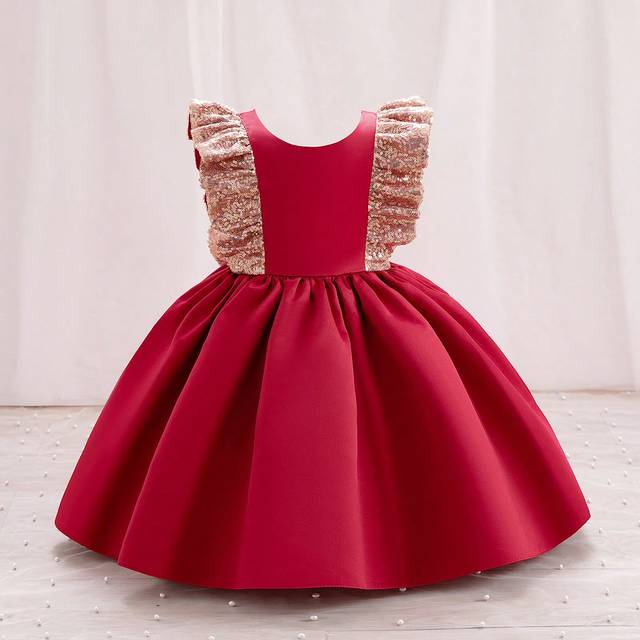 SHEIN Christmas Young Girl Girls Dress, Gold Sequin Tulle Puff Bow Decor Dress Wedding Party Formal Dress, Cute & Elegant Party Wear