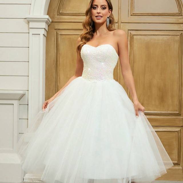 YUMIBRAVO Ballet Style Sequin Contrast Mesh Strapless Wedding Gown, Party Dress