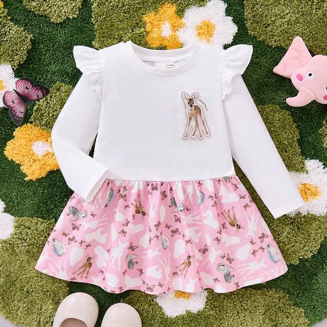 SHEIN Baby Girl White Cute Deer Print Long Sleeve Casual Dress, Adorable Style Suitable For Autumn/Winter