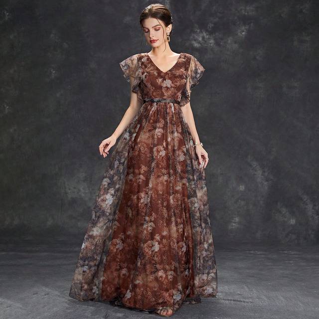 SHEIN Women&#39;s Floral Print Butterfly Sleeve Full Length Dress Elegant Mother Of The Bride Dress
