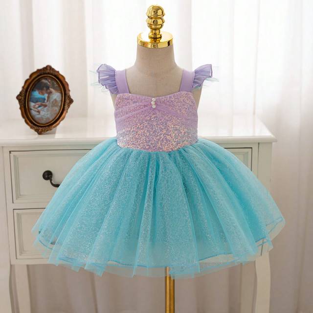 SHEIN Mother&#39;s Day Gift Mommy And Me Outfits Ball Dress Dress For Baby Girls Purple Blue Mermaid Princess Dress For Four Seasons Daily Wear Front Hand Sewn