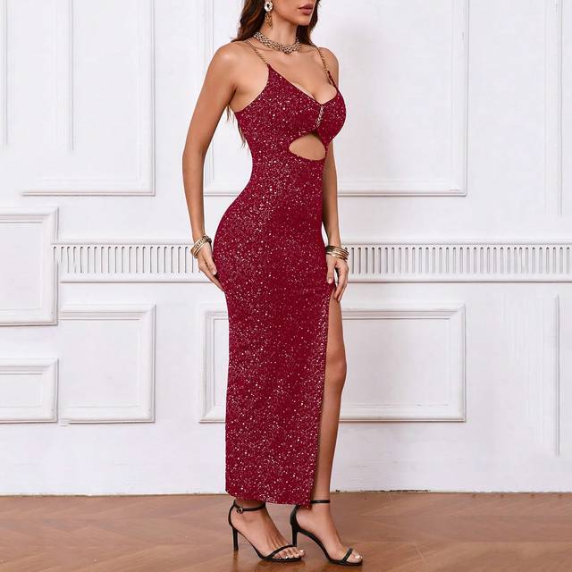 SHEIN Women Metallic Chain Strap Mermaid Hem Bodycon Dress Burgundy Maxi Women Outfit