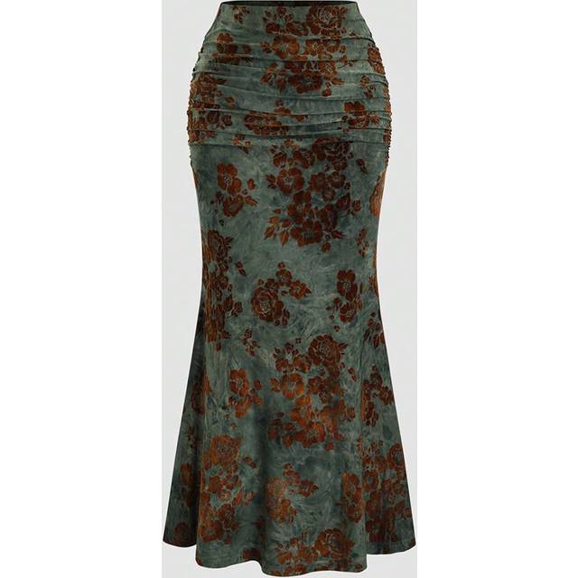 Sweetra Women&#39;s Vintage Flocked Print Fish Tail Skirt For Autumn/Winter Maxi Women Outfit