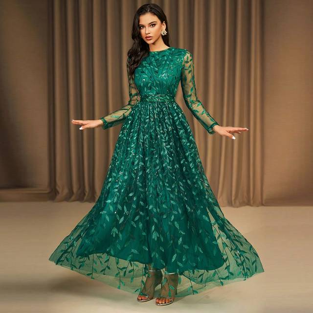 LOVE&LEMONADE Green Long Sleeve Sequin Waist Formal Evening Gown, Elegant Prom Dress, For Wedding Guest, Graduation, Dinner, Party Dress
