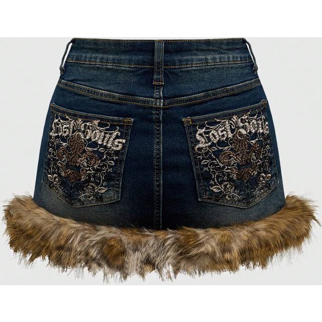 ROMWE Plus Size Leopard Print Embroidery And Rhinestone Patchwork Fluffy Denim Mini Skirt