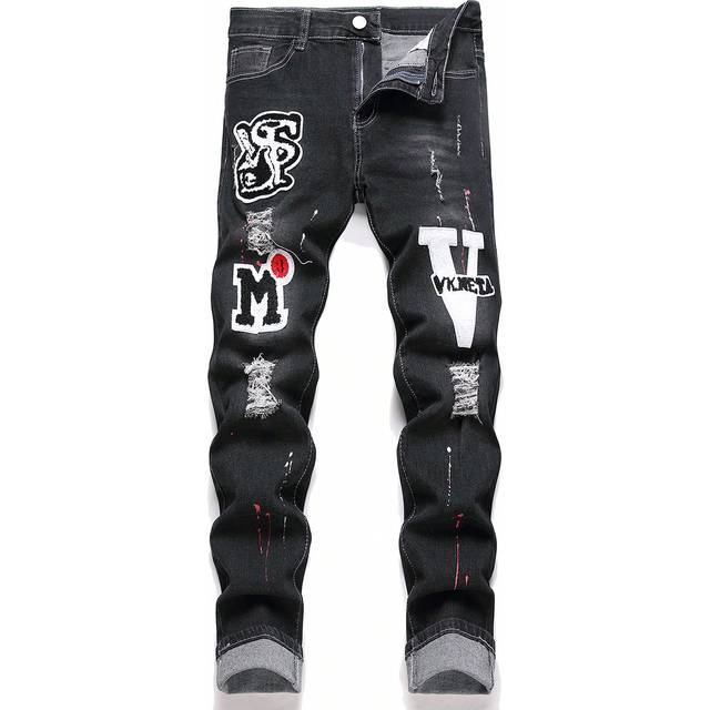 SHEIN Men&#39;s Letter Pattern Distressed Elastic Denim Jeans