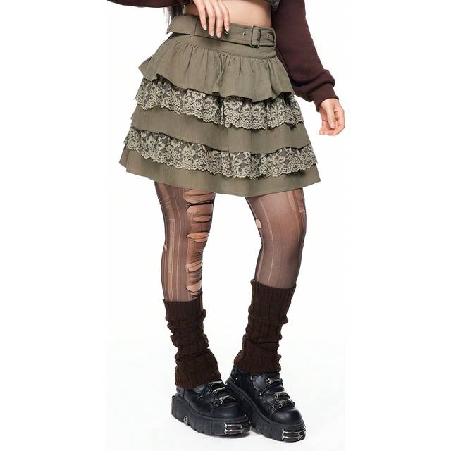 ROMWE Fairycore Lace Trim Tiered Skirt For Women