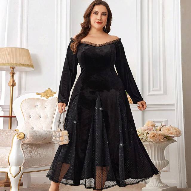 Modelyn Plus Size Women Off Shoulder Ruffle Beaded Sequin Decor A-Line Dress, Suitable For Banquet, Party And Gala Events Maxi Women Outfit Long Evening Dress