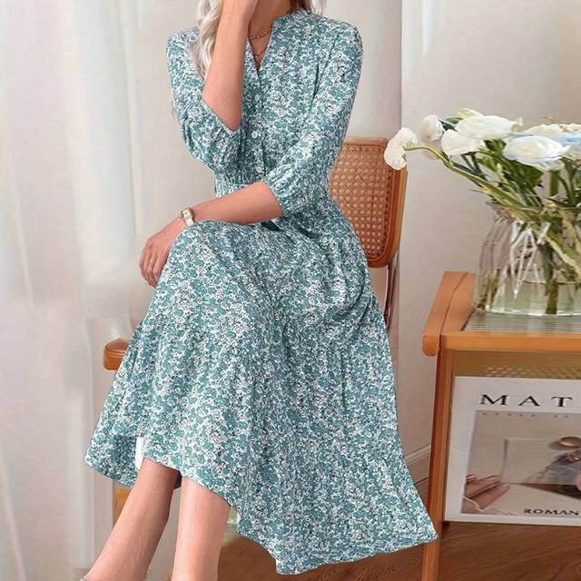 SHEIN Women&#39;s Long Stand Collar Ditsy Floral Dress Maxi Women Outfit