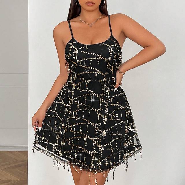 SHEIN Plus Size Black Sequin Mesh Slip Dress