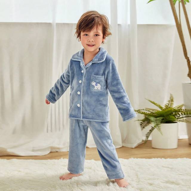 SHEIN Young Boy Rocket & Planet Embroidered Front Opening Flannel Thickened Pajamas Set, Autumn/Winter