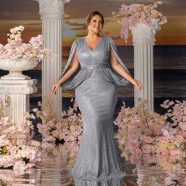 SHEIN Plus Luxury Sequined Fishtail Bridal Mother Formal Gown With Open Sleeve Slits - Perfect For Weddings, Red Carpet Events & Family Dinners