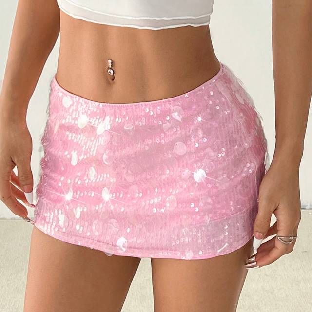 SHEIN Shiny Pink Sequin Embellished Low Waist Mini Shorts For Young Women, Festival/Street Wear