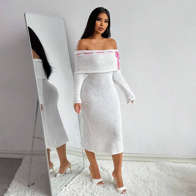 VaVaBold New Textured White Mock Neck Bowknot Off Shoulder Sweater Dress