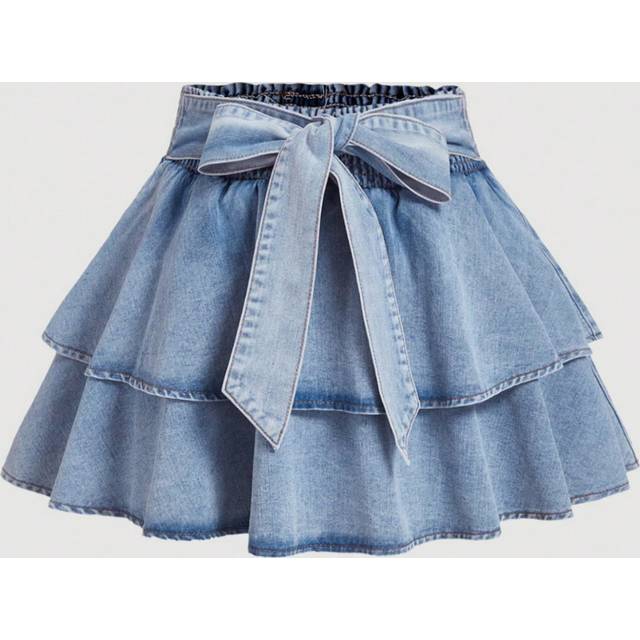SHEIN Plus Size Denim Mini Skirt With Bow Decor, Blue