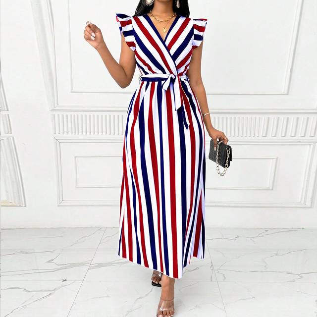 Lyxana Women&#39;s V-Neck Waist Gathered Swing Dress, Butterfly Sleeve Sash Tie, Black & White Vertical Striped Dress Maxi Women Outfit