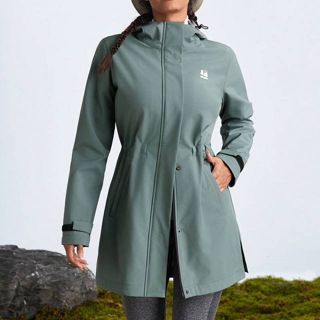 SHEIN Women&#39;s Waterproof Long Rain Jacket With Collapsible Hood, Soft Mesh Lining, For Outdoor Activities, Commuting