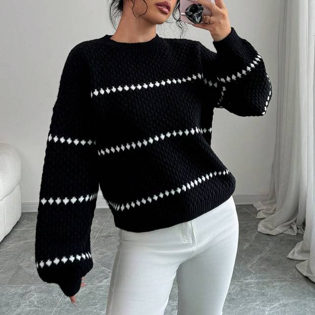 Chiquease Loose Striped Print Crew Neck Casual Long Sleeve Women Sweater Knit Pullover Fall Winter Outfit