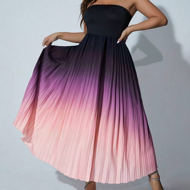 Celure Plus Size Women Elegant Gradient Color Tube Pleated Dress Women Outfit, For Summer