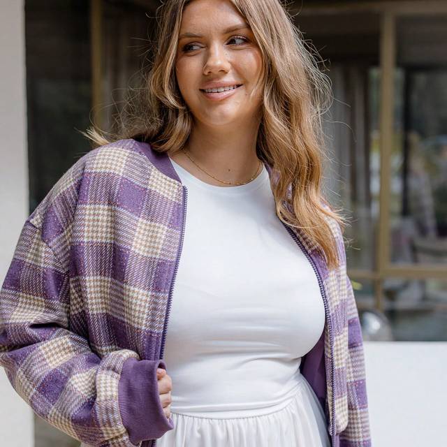 Aralina Plus Size Western Women Check Crew Neck Bomber Jacket With Side Pockets
