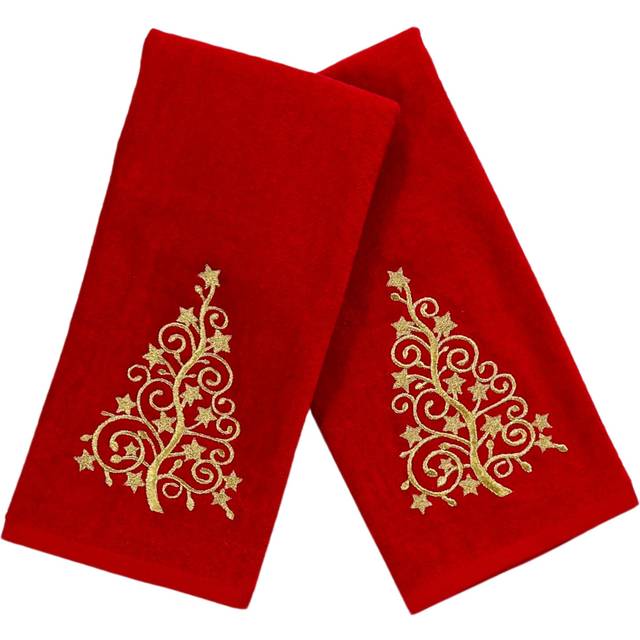 Serafina Home Holiday Christmas Bath Hand Towels  Embroidered Gold Xmas Tree on Red  2 Piece Set  16 x 25 inches  100% Cotton
