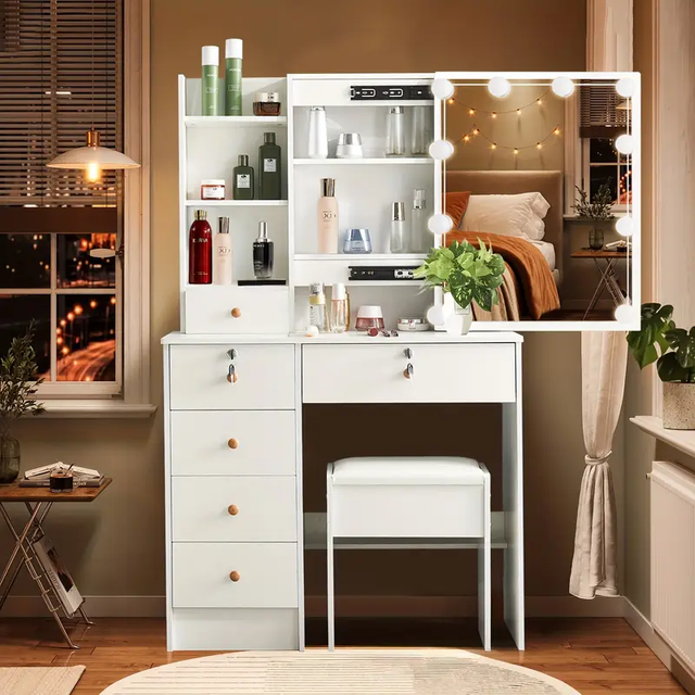 TEMU Valentines Day Gifts For Women, White Makeup Vanity Desk With Mirror And Dimmable Lights, Dressing Makeup Table With Chair And Storage Drawers For Bedroom, Vanity Set And Stool