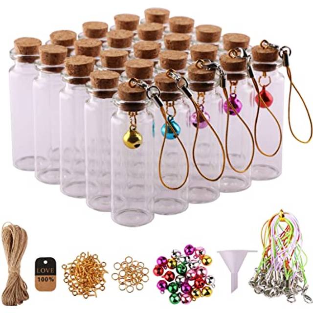 MaxMau Mini Glass Bottles with Cork Stoppers 15ml Mini Jars Wishing Bottles 25pcs with Connection Accessories Twine Bell Decoration