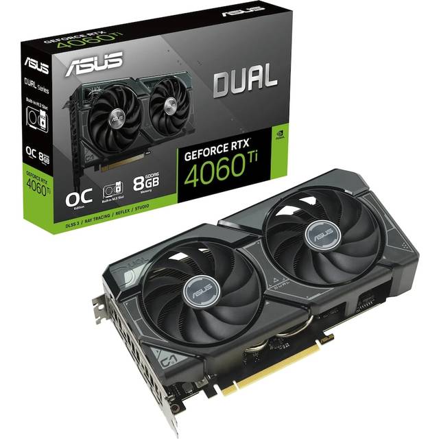 ASUS Dual GeForce RTX 4060 Ti SSD OC Edition 8 GB GDDR6 spelgrafikkort (NVIDIA GeForce RTX4060Ti DLSS 3, integrerad M.2 SSD-kortplats, 1x HDMI 2.1a, 3X DisplayPort 1.4a, DUAL-RTX4060TI-O8G-SSD)