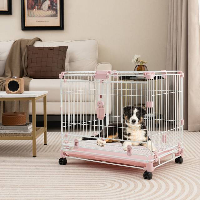 Folding Dog Kennel Metal Wire Dog Crate Cage W/ Lockable Wheels & Lockable Doors - Pink (Small (10-20lbs))