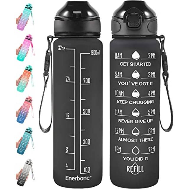 Enerbone 32 oz Water Bottle with Times to Drink and Straw  Motivational Drinking Water Bottles with Carrying Strap  Leakproof BPA & Toxic Free  Ensure