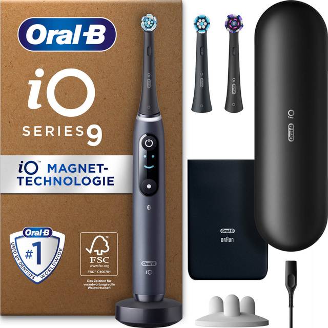 Oral-B iO Series 9 Plus Edition Elektrisk tandborste, plus 3 borsthuvuden inkl. whitening, magnetetui, 7 rengöringslägen, återvinningsbar förpackning, present till man/kvinna, svart