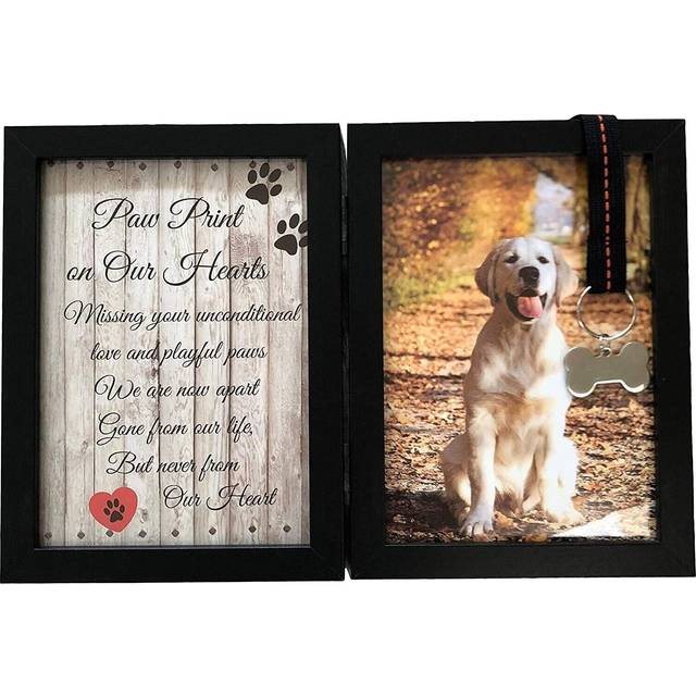 Pawprints Remembered Pet Memorial 5x7 Picture Frame for Dog or Cat with Ribbon and Tag - Features a Folding Photo Frame and Sympathy Poem - Loss of Pe