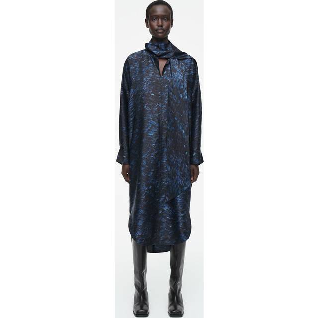 Printed Scarf-Detail Midi Dress - Blue - 42