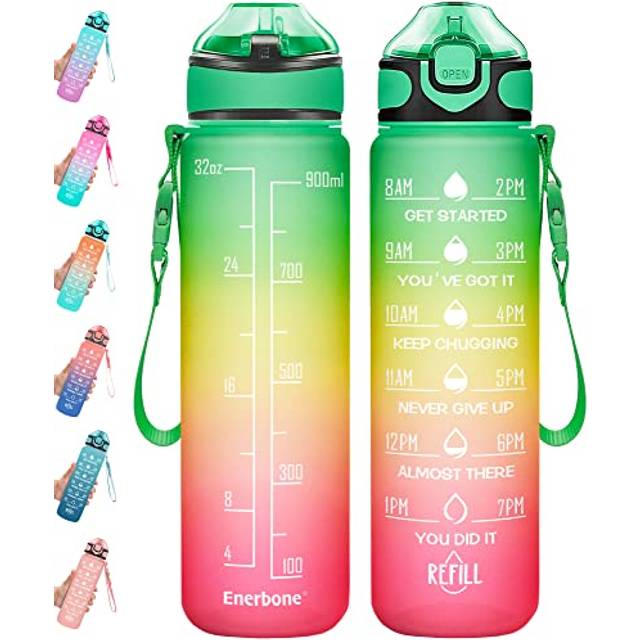 Enerbone 32 oz Water Bottle with Times to Drink and Straw  Motivational Drinking Water Bottles with Carrying Strap  Leakproof BPA & Toxic Free  Ensure