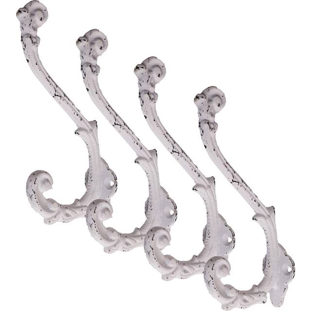 CRAFTSMAN ROAD Vintage Cast Iron Wall Hooks (Antique White Finish  Set of 4) - Rustic  Farmhouse  Shabby Chic  French Country Coat Hooks | Great for C