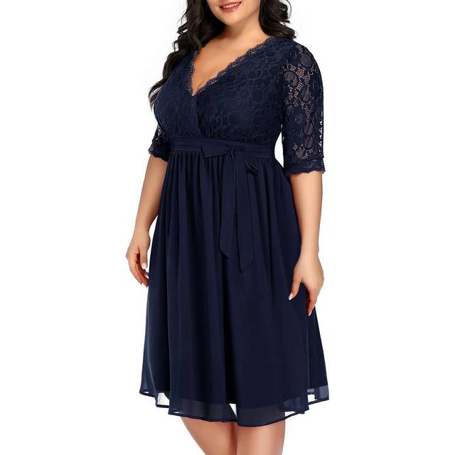 Plus Size cocktail Dresses Women Navy Blue Lace Top chiffon Wedding gu