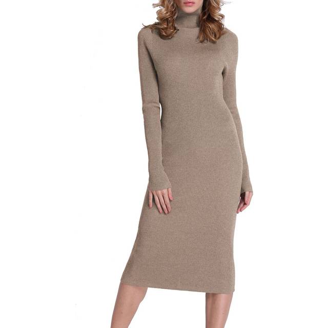 Rocorose Women's Turtleneck Ribbed Elbow Long Sleeve Knit Sweater Dres